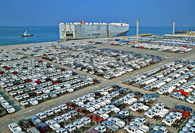 Cars waiting to be loaded In Laem Chaabang Port, Thailand