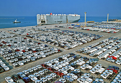  Aerial photography, The loading cars Into Cargo ship of Port of Laem Chabang, Thailand